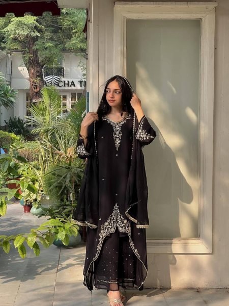 Refined Black Fox Georgette Suit Collection with Moti Work Palazzo and Dupatta for Women Ready To Wear Collection