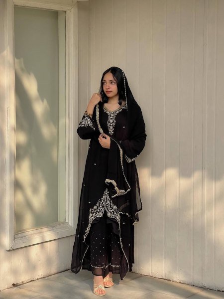 Refined Black Fox Georgette Suit Collection with Moti Work Palazzo and Dupatta for Women Ready To Wear Collection