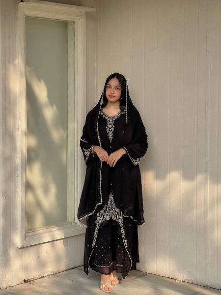 Refined Black Fox Georgette Suit Collection with Moti Work Palazzo and Dupatta for Women Ready To Wear Collection