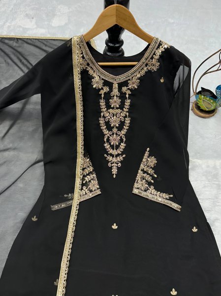 Refined Black Fox Georgette Suit Collection with Moti Work Palazzo and Dupatta for Women Ready To Wear Collection