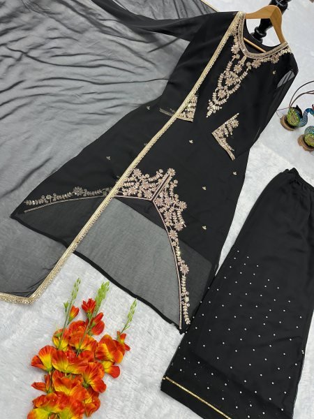 Refined Black Fox Georgette Suit Collection with Moti Work Palazzo and Dupatta for Women Ready To Wear Collection
