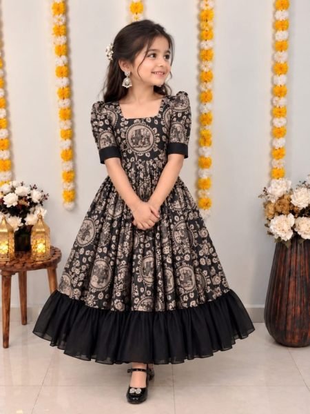 Refined Black Girls Soft Silk Kalamkari Digital Printed Gown Kurtis