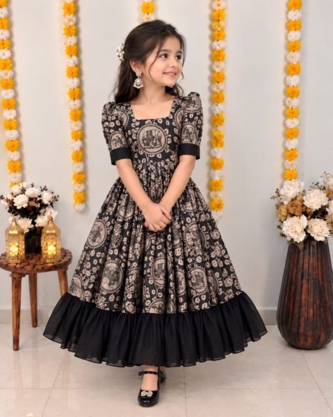 Refined Black Girls Soft Silk Kalamkari Digital Printed Gown Girls Wear