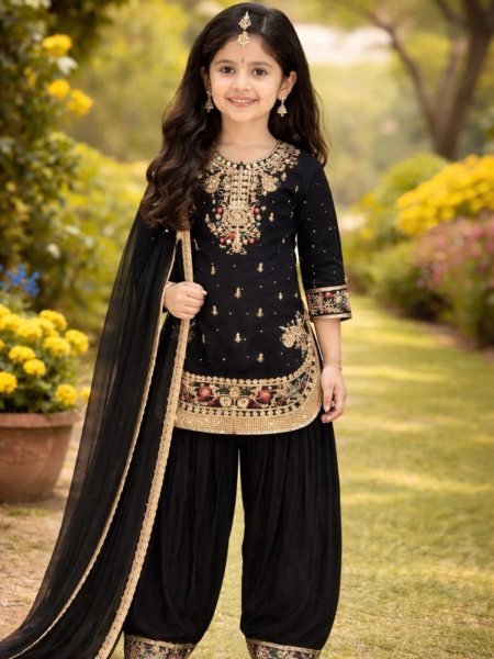 Refined Black Kids Patiyala Set with Embroidery for Festive and Traditional Wear Kurtis