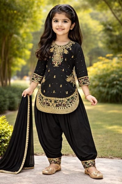 Refined Black Kids Patiyala Set with Embroidery for Festive and Traditional Wear Girls Wear