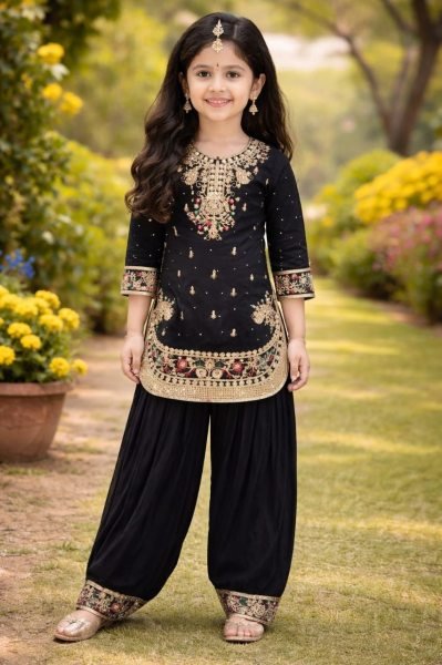 Refined Black Kids Patiyala Set with Embroidery for Festive and Traditional Wear Girls Wear