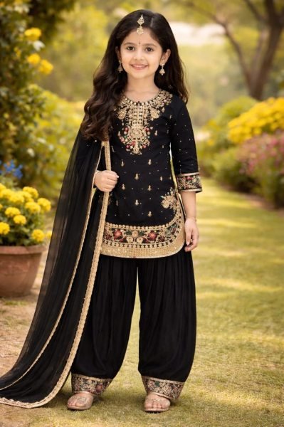 Refined Black Kids Patiyala Set with Embroidery for Festive and Traditional Wear Girls Wear