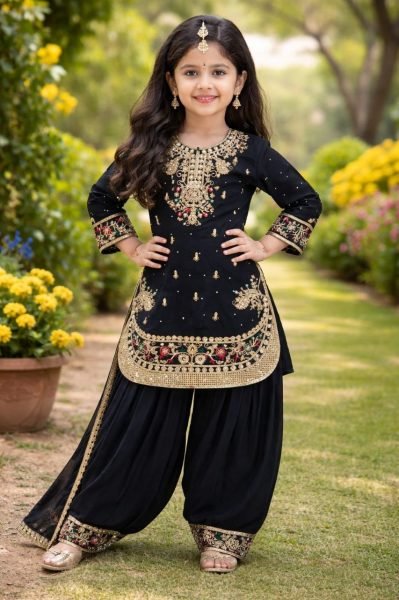 Refined Black Kids Patiyala Set with Embroidery for Festive and Traditional Wear Girls Wear