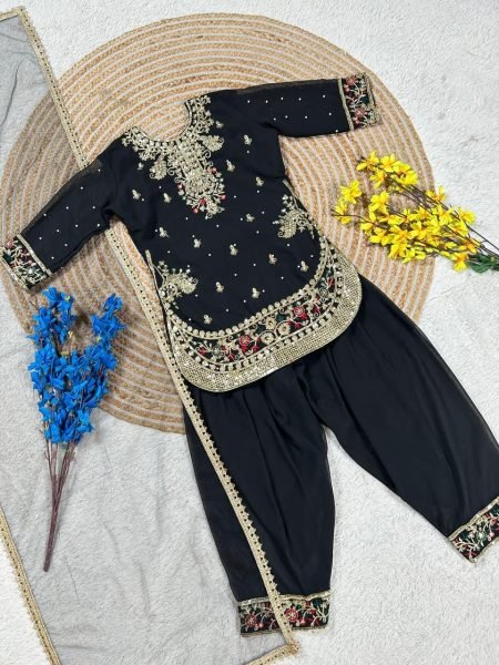 Refined Black Kids Patiyala Set with Embroidery for Festive and Traditional Wear Girls Wear