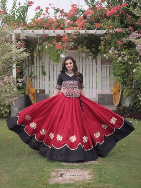 Refined Black Maroon Roman Fabric Navratri Collection with Gamthi Embroidery  Lehenga