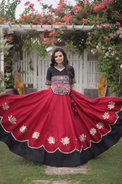 Refined Black Maroon Roman Fabric Navratri Collection with Gamthi Embroidery Navratri Lehnega Choli