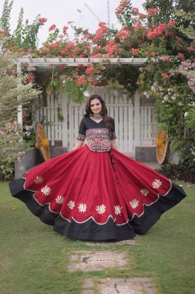 Refined Black Maroon Roman Fabric Navratri Collection with Gamthi Embroidery Navratri Lehnega Choli