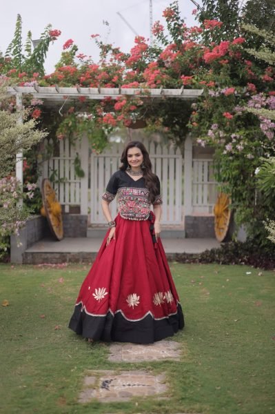 Refined Black Maroon Roman Fabric Navratri Collection with Gamthi Embroidery Navratri Lehnega Choli