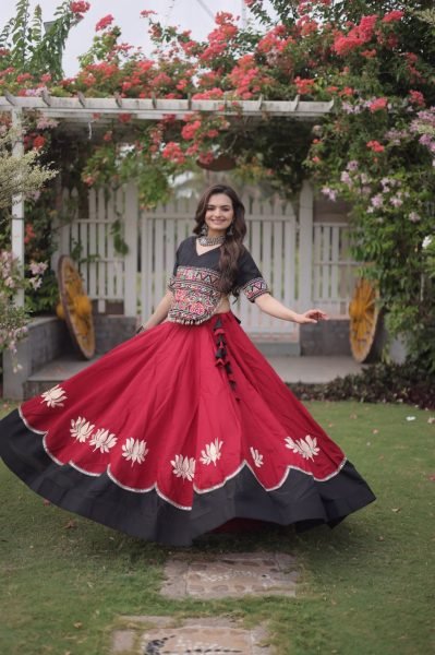 Refined Black Maroon Roman Fabric Navratri Collection with Gamthi Embroidery Navratri Lehnega Choli