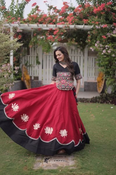 Refined Black Maroon Roman Fabric Navratri Collection with Gamthi Embroidery Navratri Lehnega Choli