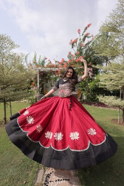 Refined Black Maroon Roman Fabric Navratri Collection with Gamthi Embroidery Navratri Lehnega Choli