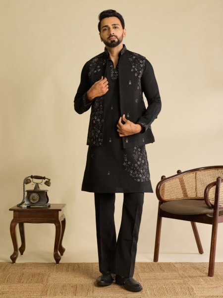 Refined Black Men s Art Silk Koti Kurta Pant Set with Real Mirror Embroidery For Wedding 