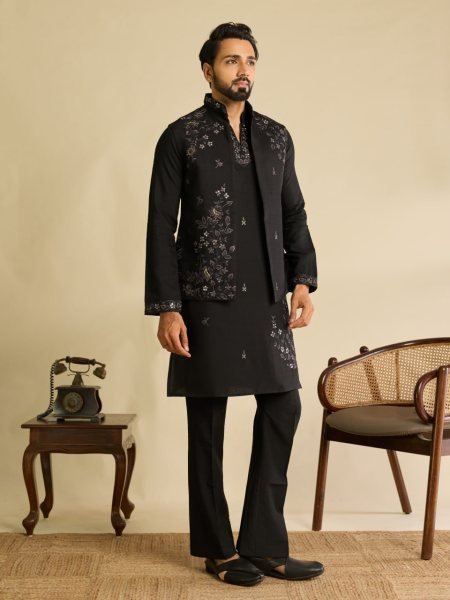 Refined Black Men s Art Silk Koti Kurta Pant Set with Real Mirror Embroidery For Wedding Mens Short Kurta