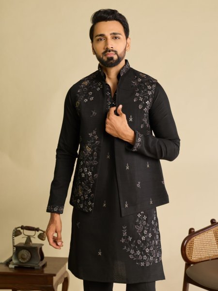 Refined Black Men s Art Silk Koti Kurta Pant Set with Real Mirror Embroidery For Wedding Mens Short Kurta