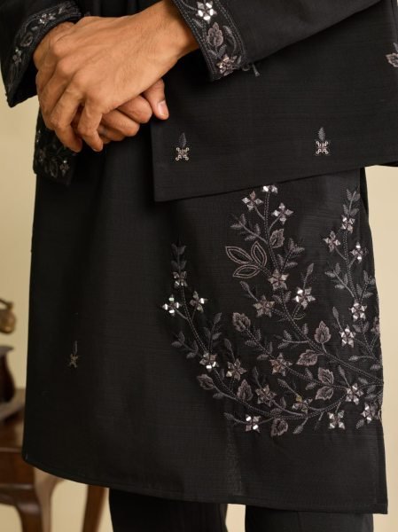 Refined Black Men s Art Silk Koti Kurta Pant Set with Real Mirror Embroidery For Wedding Mens Short Kurta