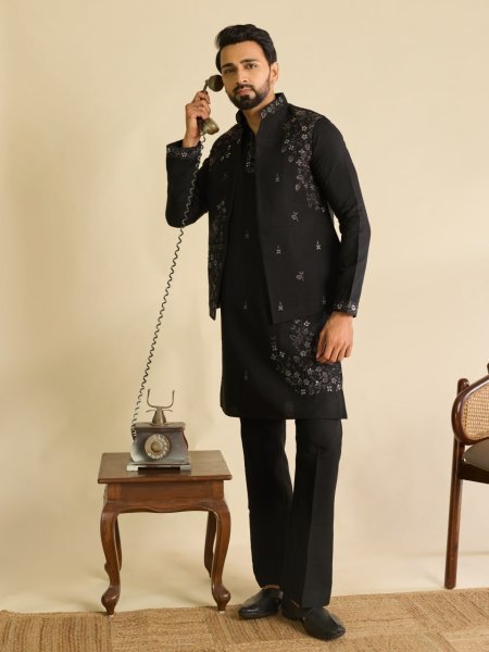 Refined Black Men s Art Silk Koti Kurta Pant Set with Real Mirror Embroidery For Wedding Mens Short Kurta