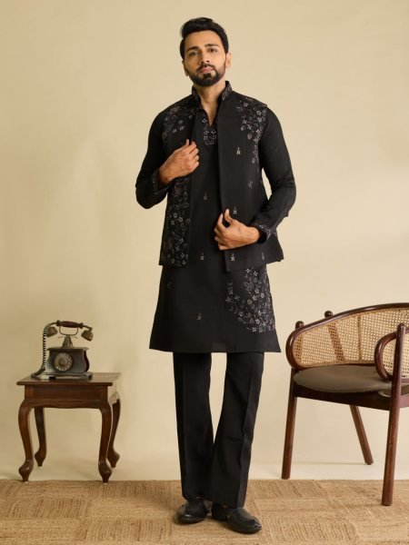 Refined Black Men s Art Silk Koti Kurta Pant Set with Real Mirror Embroidery For Wedding Mens Short Kurta