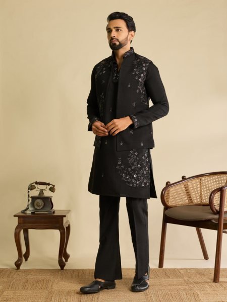 Refined Black Men s Art Silk Koti Kurta Pant Set with Real Mirror Embroidery For Wedding Mens Short Kurta
