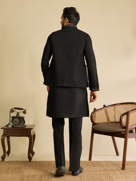 Refined Black Men s Art Silk Koti Kurta Pant Set with Real Mirror Embroidery For Wedding Mens Short Kurta
