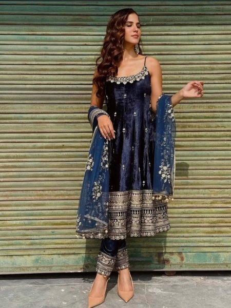 Refined Blue Ethnic Gown with Heavy Zari Embroidery and Lace Work Dupatta 