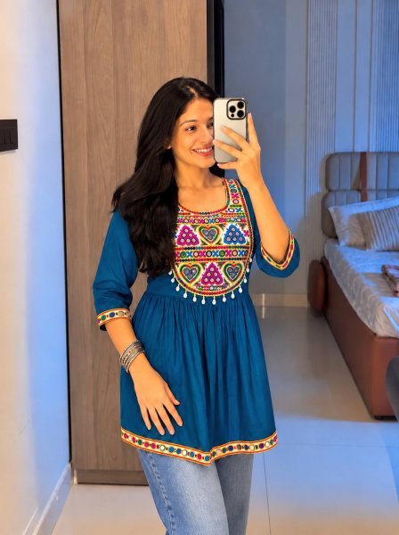 Refined Blue Heavy Rayon Short Kurti with Kodi Lace Work at Manufacturer  Tunics kurti