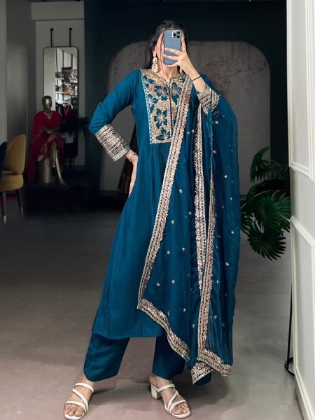 Refined Blue Roman Silk Embroidered Top Bottom Dupatta Set for Festival Wear Kurtis