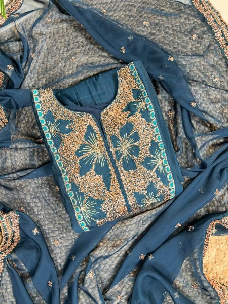 Refined Blue Roman Silk Embroidered Top Bottom Dupatta Set for Festival Wear Embroidery Kurtis 