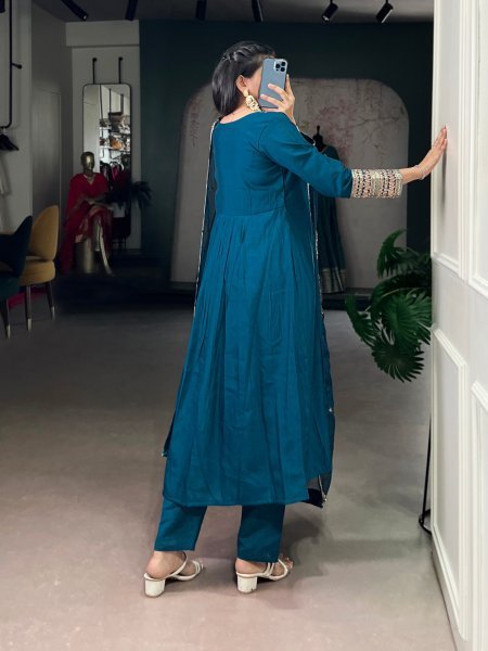 Refined Blue Roman Silk Embroidered Top Bottom Dupatta Set for Festival Wear Embroidery Kurtis 