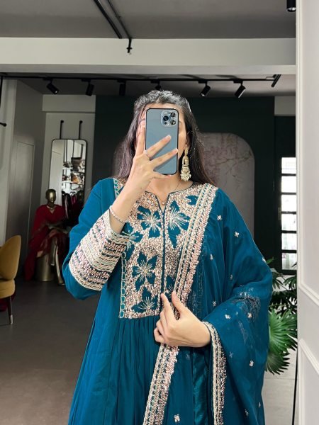 Refined Blue Roman Silk Embroidered Top Bottom Dupatta Set for Festival Wear Embroidery Kurtis 