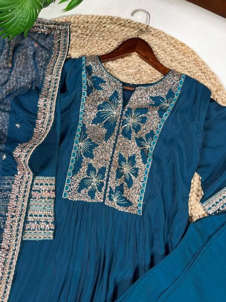 Refined Blue Roman Silk Embroidered Top Bottom Dupatta Set for Festival Wear Embroidery Kurtis 