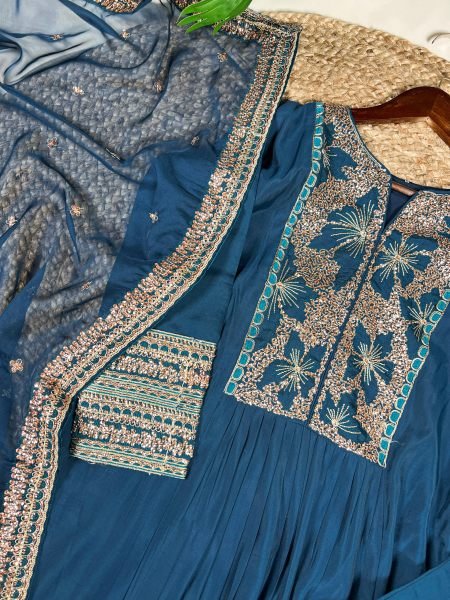 Refined Blue Roman Silk Embroidered Top Bottom Dupatta Set for Festival Wear Embroidery Kurtis 