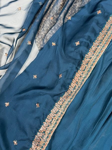 Refined Blue Roman Silk Embroidered Top Bottom Dupatta Set for Festival Wear Embroidery Kurtis 