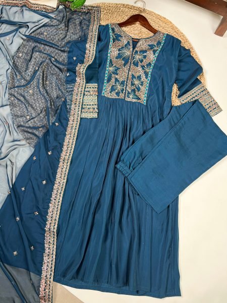 Refined Blue Roman Silk Embroidered Top Bottom Dupatta Set for Festival Wear Embroidery Kurtis 