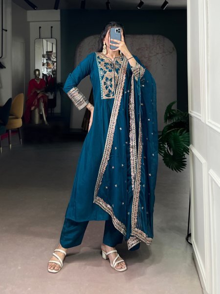 Refined Blue Roman Silk Embroidered Top Bottom Dupatta Set for Festival Wear Embroidery Kurtis 