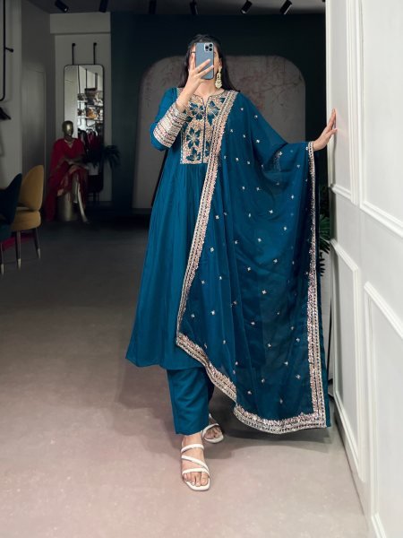 Refined Blue Roman Silk Embroidered Top Bottom Dupatta Set for Festival Wear Embroidery Kurtis 