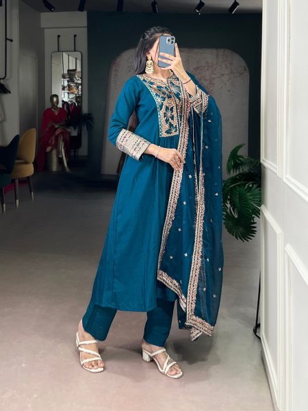 Refined Blue Roman Silk Embroidered Top Bottom Dupatta Set for Festival Wear Embroidery Kurtis 