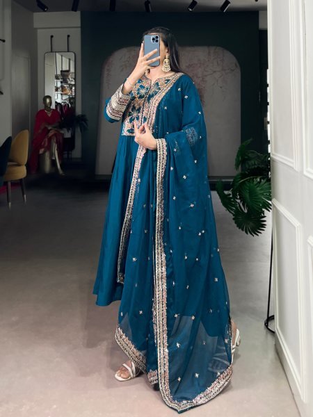 Refined Blue Roman Silk Embroidered Top Bottom Dupatta Set for Festival Wear Embroidery Kurtis 