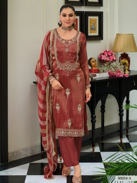 Refined Brown Designer Pure Viscose Simar Embroidery Suit with Pure Silk Pant Salwar Kameez