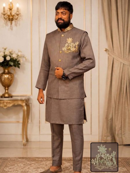 Refined Brown Traditional Linen Indo Western Outfit with Premium Designer Finish 