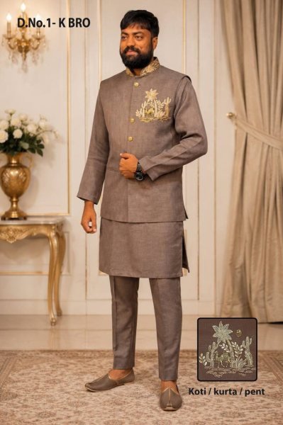 Refined Brown Traditional Linen Indo Western Outfit with Premium Designer Finish Kurta Pajama Wholesale