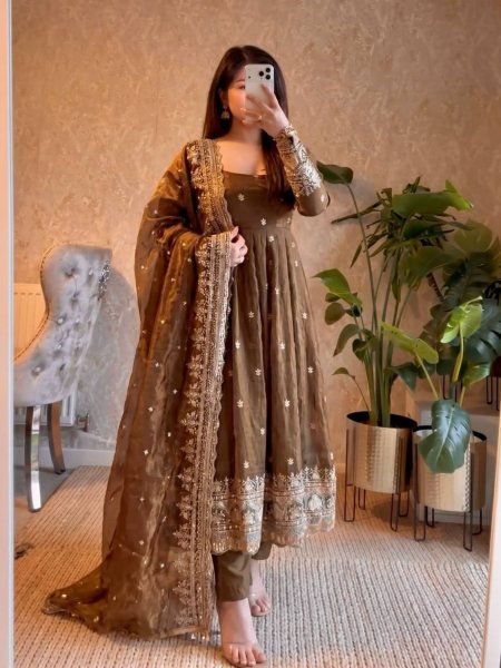 Refined Brown Wedding Special Two Tone Silk Gown Set with Matching Dupatta Ready To Wear Suit