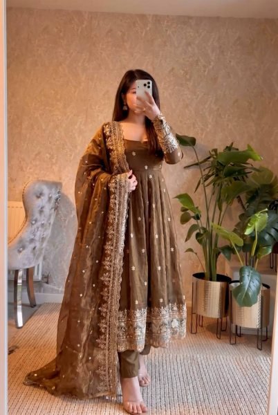 Refined Brown Wedding Special Two Tone Silk Gown Set with Matching Dupatta Ready To Wear Collection