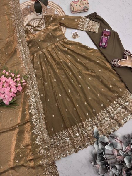 Refined Brown Wedding Special Two Tone Silk Gown Set with Matching Dupatta Ready To Wear Collection
