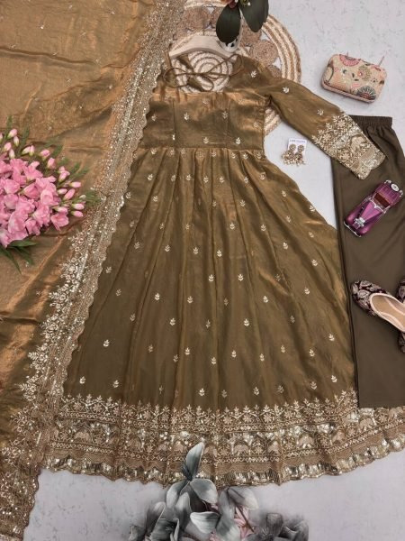 Refined Brown Wedding Special Two Tone Silk Gown Set with Matching Dupatta Ready To Wear Collection