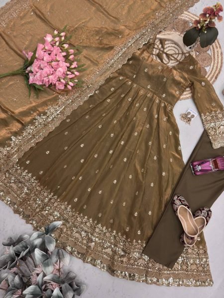 Refined Brown Wedding Special Two Tone Silk Gown Set with Matching Dupatta Ready To Wear Collection